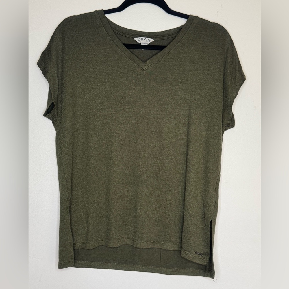 Orvis Womens Shirt Top Green Sleeveless V Neck Soft Rayon Blend Size Small